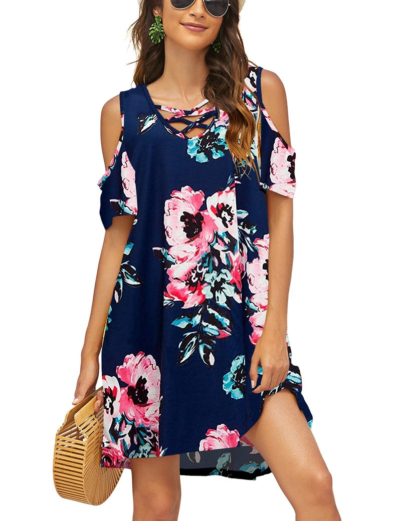Bluetime Women Cold Shoulder Summer Dress Short Sleeve Beach Casual Loose Swing Dress (XXL, Floral8) - Image 1